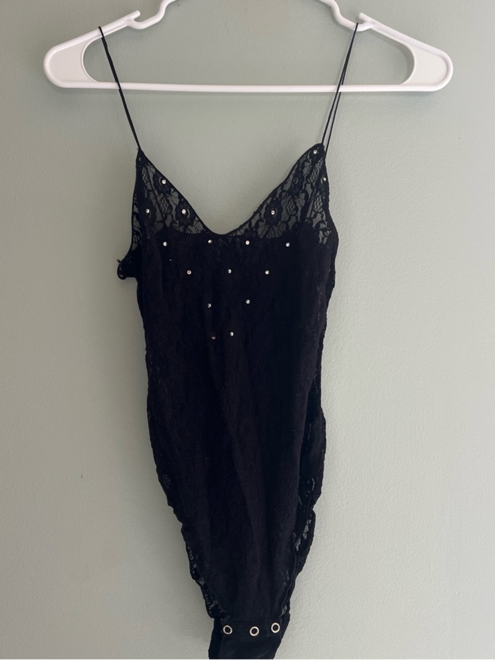 Vintage Dark Romance Black Lace Rhinestone Bodysuit Sheer Euro Summer Fits Small